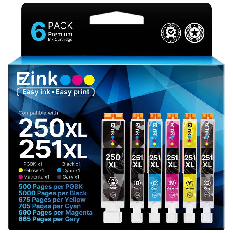 E-Z Ink خراطيش حبر متوافقة E-Z Ink بديلة لطابعة كانون PGI-250XL PGI 250 XL CLI-251XL CLI 251 XL للاستخدام مع بيكسما IP8720 (1 أسود كبير، 1 أزرق، 1 وردي، 1 أصفر، 1 أسود صغير، 1 رمادي) 6 عبوات - Image 1